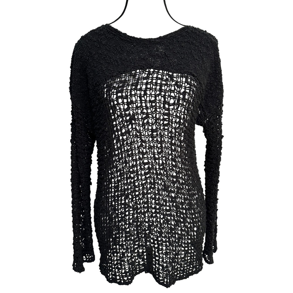 Hands to Hearts Open Knit Boucle Sweater Womens M Black Grunge Whimsigoth Sheer